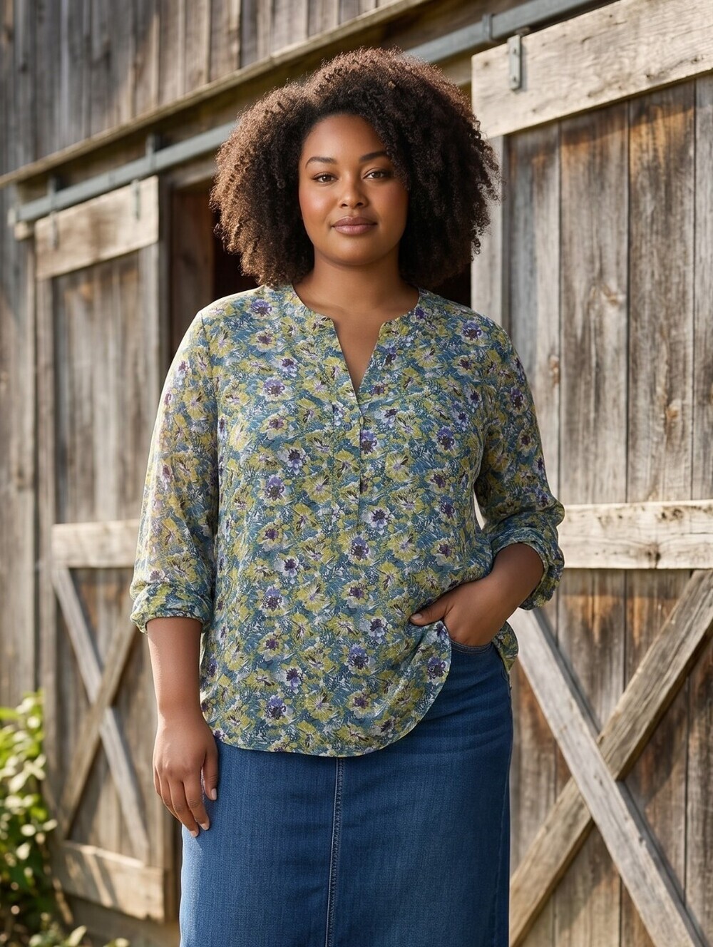 Lane Bryant Olive Green, Teal, Eggplant Purple Floral Top